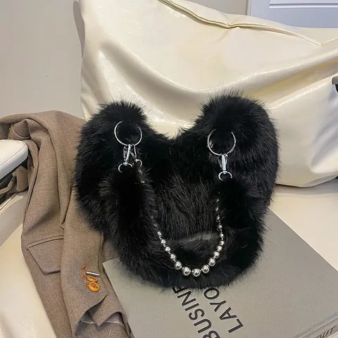 Women's Plush Faux Fur Shoulder Bag Fluffy Crossbody Handbag With Metal Ball Chain Soft Winter Fuzzy Bag For Daily Use