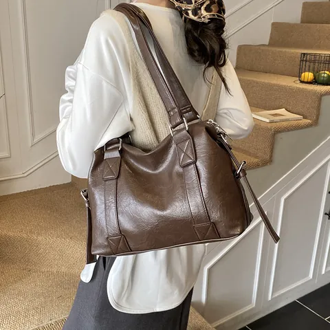 Sac Bandoulière Boston en Cuir PU Vintage pour Femme Grande Capacité Sac à Main Tote Décontracté Avec Coutures et Bandoulière Amovible