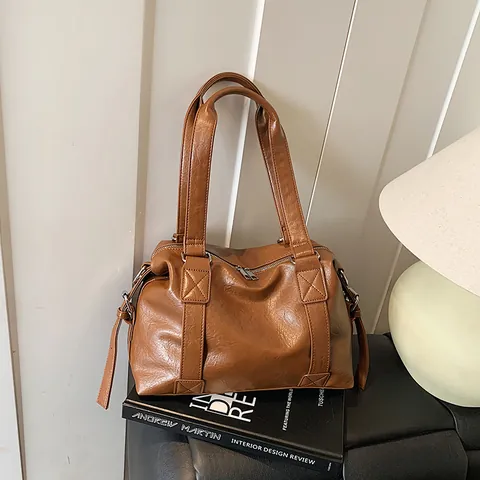 Sac Bandoulière Boston en Cuir PU Vintage pour Femme Grande Capacité Sac à Main Tote Décontracté Avec Coutures et Bandoulière Amovible