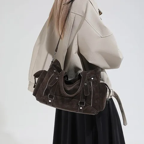 Damen Vintage Große Kapazität PU Leder Einkaufstasche Lokomotivstil Mehrere Reißverschlüsse Schulter Umhängetasche Mit Doppelten Griffen