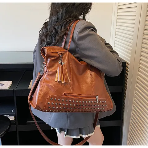 Women Large Capacity PU Leather Tote Bag Rivet Tassel Shoulder Bag Retro Motorcycle Handbag For Commuting Daily Work Black Brown