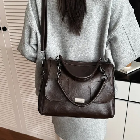 Borsa Boston da Donna in Pelle PU Vintage Grande Capacità Cuciture Tracolla Borsa a Mano per Pendolarismo Quotidiano Lavoro