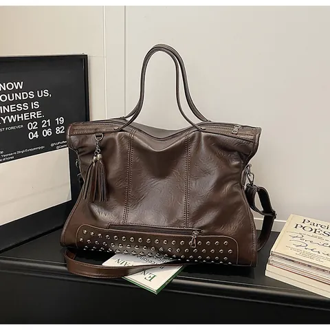Women Large Capacity PU Leather Tote Bag Rivet Tassel Shoulder Bag Retro Motorcycle Handbag For Commuting Daily Work Black Brown