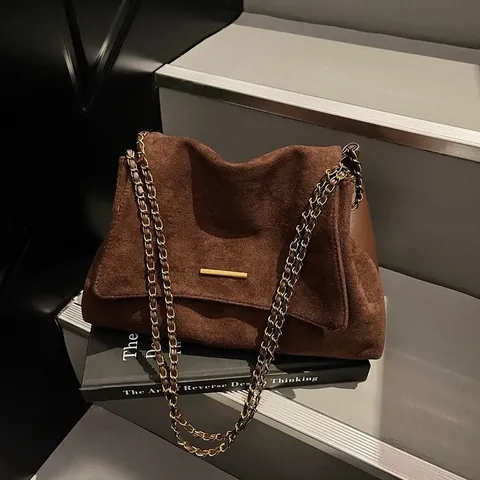 Vintage Women Suede Tote Bag Versatile Casual Chain Shoulder Bag Large Capacity Solid Color Commuter Baguette Handbag