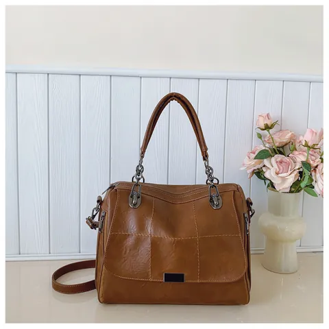 Borsa Boston da Donna in Pelle PU Vintage Grande Capacità Cuciture Tracolla Borsa a Mano per Pendolarismo Quotidiano Lavoro