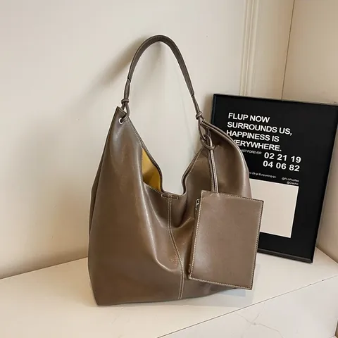 Borsa Tote da Donna in Pelle PU Grande Capacità Semplice Borsa a Tracolla Hobo Con Pochette Cuciture a Contrasto Borsa Pendolare