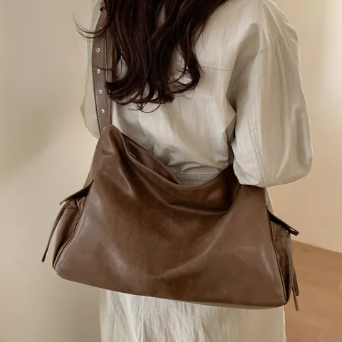 Bolso Hobo de Cuero PU Minimalista Vintage para Mujer Bolso de Hombro Gran Capacidad Color Sólido Casual Viaje Trabajo Axila