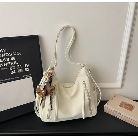 Women Large Capacity PU Leather Shoulder Bag Vintage Hobo Tote With Cute Bear Star Pendant Tassel Zipper Decor Daily Casual Handbag