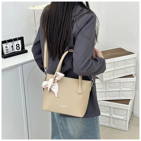 Women Korean Minimalist Litchi Pattern Bucket Bag PU Leather Tote Handbag With Decorative Heart Scarf Adjustable Strap