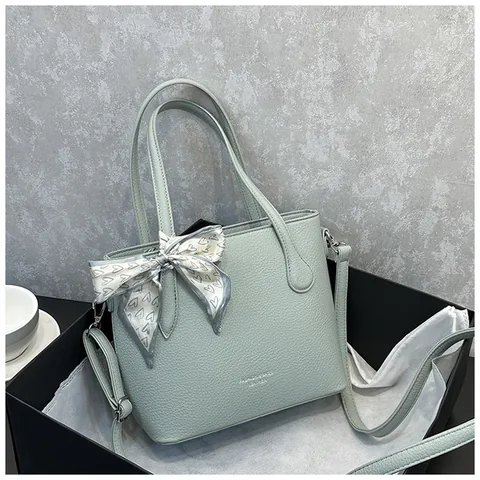 Women Korean Minimalist Litchi Pattern Bucket Bag PU Leather Tote Handbag With Decorative Heart Scarf Adjustable Strap
