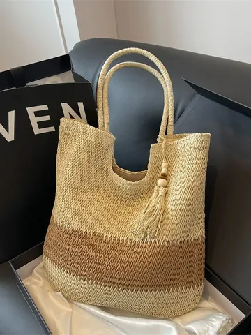 Women Casual Straw Woven Tote Bag Contrast Color Paper Rope Shoulder Bag With Tassel Large Capacity Beach Travel Handbag
