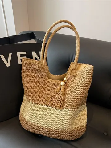 Women Casual Straw Woven Tote Bag Contrast Color Paper Rope Shoulder Bag With Tassel Large Capacity Beach Travel Handbag