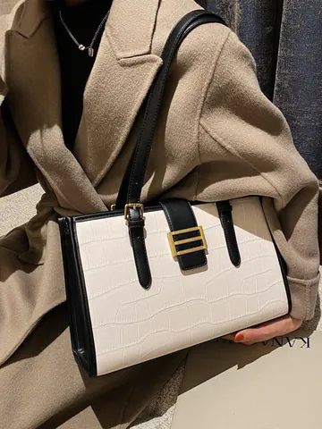Sac Cabas Grande Capacité Vintage Français Pour Femmes Motif Crocodile Cuir PU Sac À Bandoulière Sous Les Aisselles Mode Travail