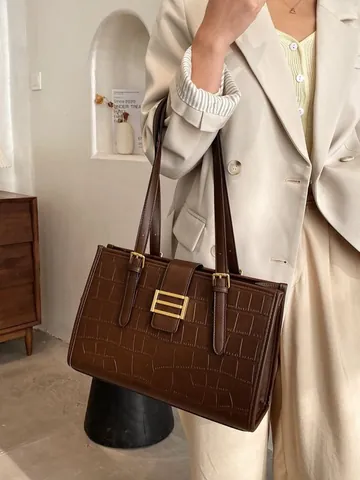 Sac Cabas Grande Capacité Vintage Français Pour Femmes Motif Crocodile Cuir PU Sac À Bandoulière Sous Les Aisselles Mode Travail