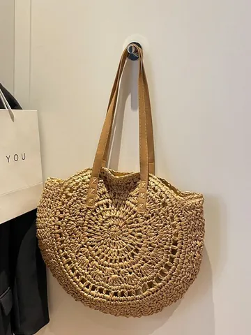 Bolso Tote Grande de Paja para Mujer Tejido Calado Vacaciones de Verano en la Playa Bolso de Hombro Minimalista Bohemio