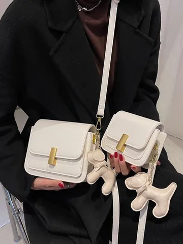 Vintage Minimalist PU Leather Small Square Crossbody Bag For Women With Dog Pendant Gold Metal Clasp Fashion Shoulder Bag
