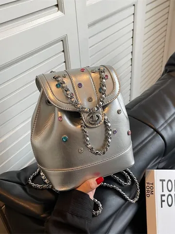 Women's Y2K Fashion Mini Backpack PU Leather Colorful Rhinestones Silver Small Travel Bag Metal Chain Strap Trendy Bag