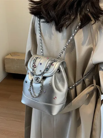 Women's Y2K Fashion Mini Backpack PU Leather Colorful Rhinestones Silver Small Travel Bag Metal Chain Strap Trendy Bag