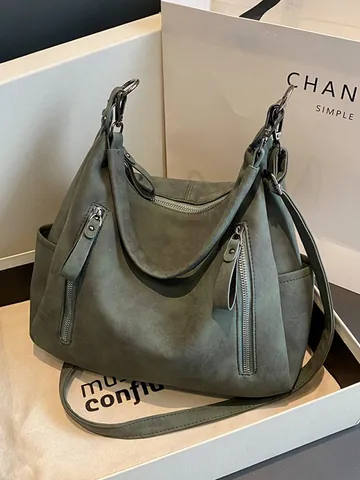Vintage PU Leder Tote Bag Für Damen Große Kapazität Hobo Umhängetasche Mit Doppelreißverschluss Dekor Retro Pendler Handtasche