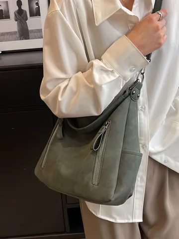 Vintage PU Leder Tote Bag Für Damen Große Kapazität Hobo Umhängetasche Mit Doppelreißverschluss Dekor Retro Pendler Handtasche