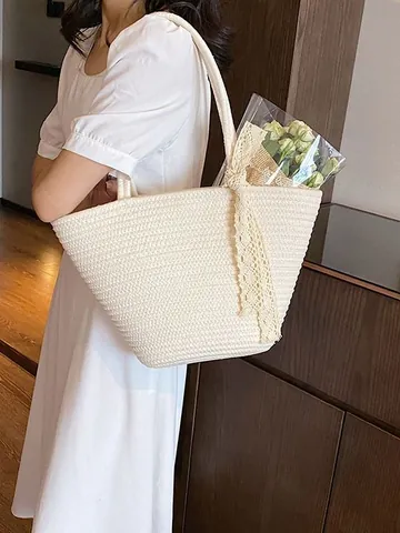 Women Hand-woven Cotton Rope Straw Tote Bag With Lace Bowknot Large Capacity Beach Vacation Shoulder Bag Rural Basket Bag