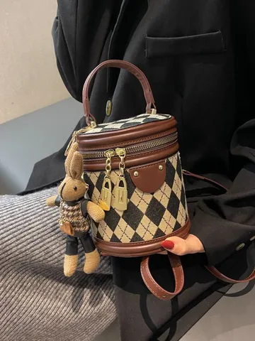 Γυναικεία Vintage Argyle Κυλινδρική Τσάντα Κουβάς Συνθετικό Δέρμα Τσάντα Χιαστί Με Μρελόκ Κουνέλι Φερμουάρ Χρυσό Πορτοφόλι