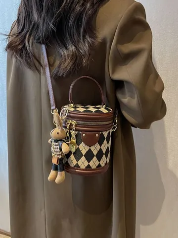 Γυναικεία Vintage Argyle Κυλινδρική Τσάντα Κουβάς Συνθετικό Δέρμα Τσάντα Χιαστί Με Μρελόκ Κουνέλι Φερμουάρ Χρυσό Πορτοφόλι