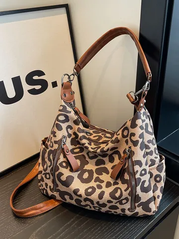 Damen Vintage Leopardenmuster Segeltuch Tote Bag Große Kapazität Mode Umhängetasche Mit Verstellbarem Riemen Multi Tasche