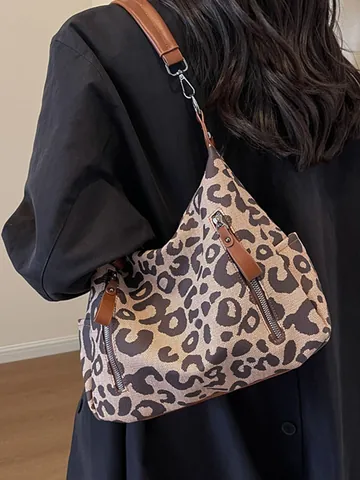 Damen Vintage Leopardenmuster Segeltuch Tote Bag Große Kapazität Mode Umhängetasche Mit Verstellbarem Riemen Multi Tasche