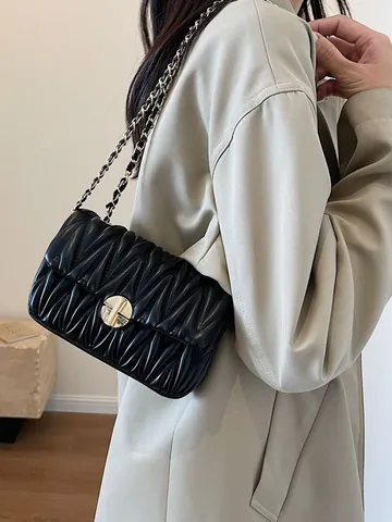 Borsa da Donna alla Moda in Pelle PU Trapuntata a Tracolla Stile Matelassé Plissettata Piccola Borsa Quadrata con Serratura Rotonda e Catena Dorata