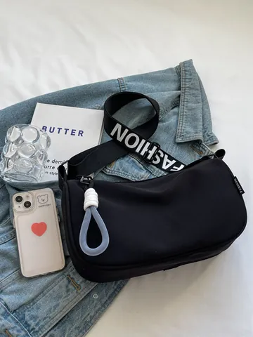 Casual Women Nylon Crescent Dumpling Bag Fashion Letter Wide Strap Crossbody Bag Lightweight Small Shoulder Bag For Travel Daily Use