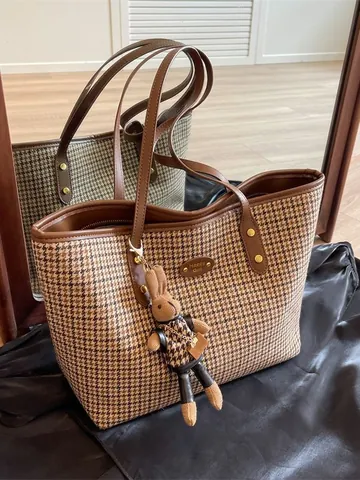Bolso Tote de Pata de Gallo para Mujer Gran Capacidad Vintage Bolso de Hombro de Lona Con Ribete de Cuero PU y Colgante de Conejo