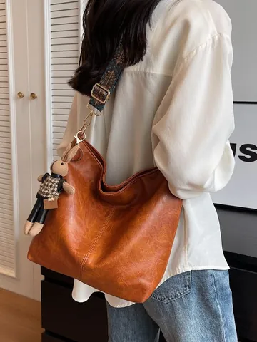 Retro PU Leder Tote Bag Für Damen Große Kapazität Schultertasche Mit Ethno Druck Breiter Riemen Und Kaninchen Anhänger Zubehör