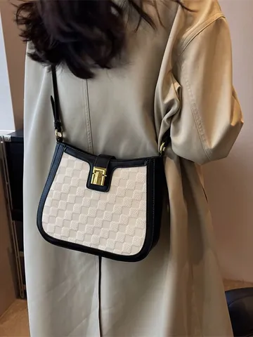 Borsa Quadrata Piccola in Pelle PU a Scacchiera Minimalista da Donna Moda Colore a Contrasto Borsa a Tracolla Pendolare Quotidiana