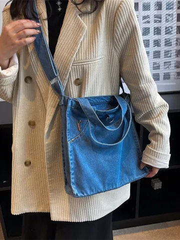 Grand Sac Fourre-Tout en Denim pour Femmes Vintage Lavé Avec Bandoulière Réglable Rétro Décontracté Tendance Sac Capacité