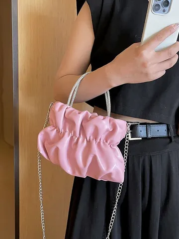 Women's Ruched Cloud Bag Fashion Pleated PU Leather Handbag With Rhinestone Handle And Silver Metal Chain Crossbody Bag