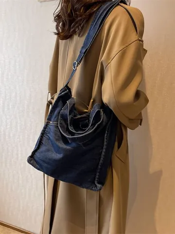 Grand Sac Fourre-Tout en Denim pour Femmes Vintage Lavé Avec Bandoulière Réglable Rétro Décontracté Tendance Sac Capacité