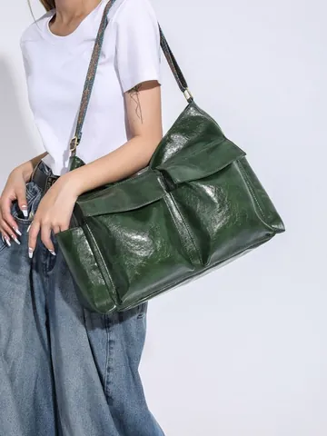 Retro PU Leder Große Kapazität Tragetasche Für Damen Mit Ethnischem Gemustertem Breitband Fashion Multi Pocket Umhängetasche