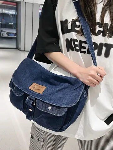 Vintage Denim Umhängetasche Große Kapazität Messenger Bag Für Damen Street Trend Gewaschene Denim Tote Bag Mit Klappdeckel