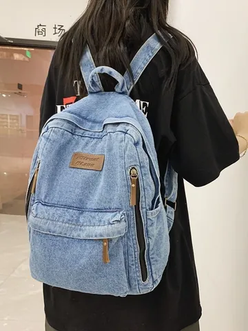 Damen Denim Rucksack Große Kapazität Casual Schultasche Street Trend Vintage Harajuku Stil Student Reisen Daypack Multi Pocket