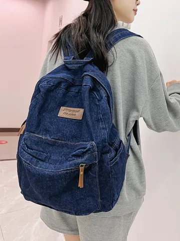 Women Japanese Vintage Denim Backpack Large Capacity Casual School Bag Water Washed Denim Daypack Light Dark Blue