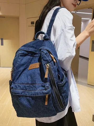Damen Denim Rucksack Große Kapazität Casual Schultasche Street Trend Vintage Harajuku Stil Student Reisen Daypack Multi Pocket