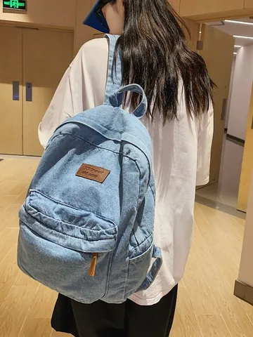 Women Japanese Vintage Denim Backpack Large Capacity Casual School Bag Water Washed Denim Daypack Light Dark Blue