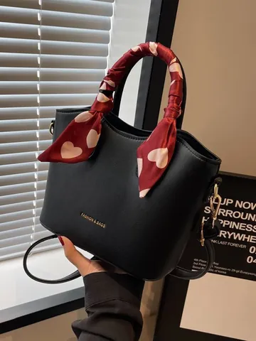 Sac Seau pour Femme en Cuir PU avec Poignée Foulard à Cœur Inscription Fashion Bags Bandoulière Réglable Cadeau