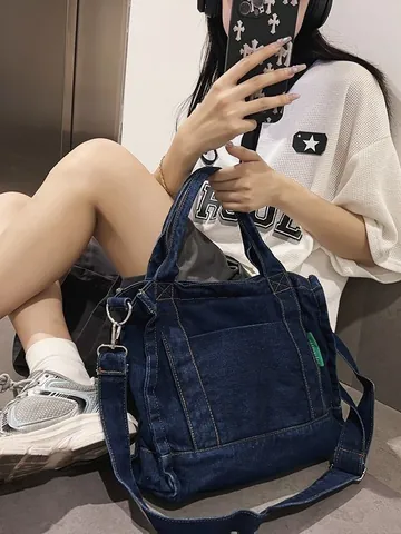 Borsa Tote in Denim Lavato da Donna Grande Capacità Borsa a Mano Casual Denim Tracolla Con Cinturino Regolabile Rimovibile