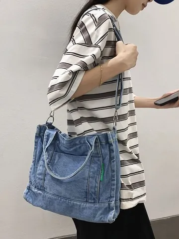 Borsa Tote in Denim Lavato da Donna Grande Capacità Borsa a Mano Casual Denim Tracolla Con Cinturino Regolabile Rimovibile