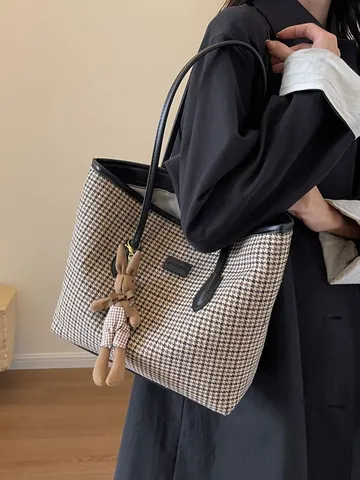 Bolso Tote de Pata de Gallo de Gran Capacidad para Mujer Bolso de Hombro de Lana Vintage con Colgante de Conejo Estilo Británico