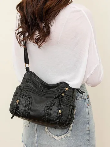 Vintage Gewaschenes PU-Leder Umhängetasche Für Damen Mehrlagiger Reißverschluss Weiche Schultertasche Große Kapazität Tote Bag