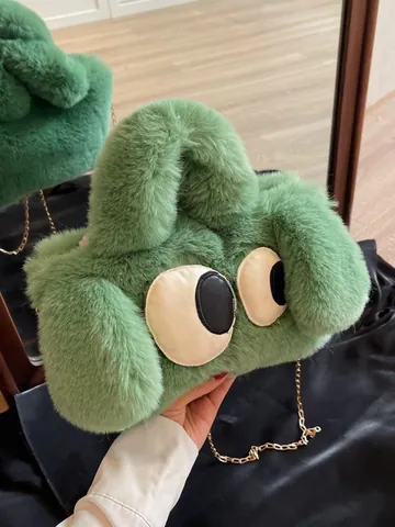 Cartoon Große Augen Welpen Plüsch Beuteltasche Für Damen Süße Pelzige Handtasche Mit Metallkette Umhängetasche