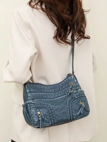 Vintage Gewaschenes PU-Leder Umhängetasche Für Damen Mehrlagiger Reißverschluss Weiche Schultertasche Große Kapazität Tote Bag